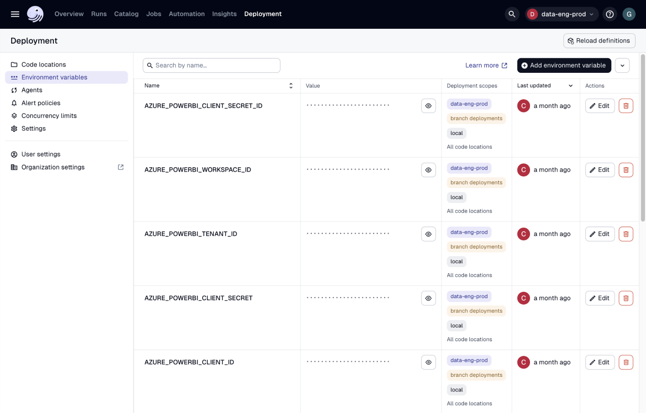 UI Cloud Deployment - Environment variables tab